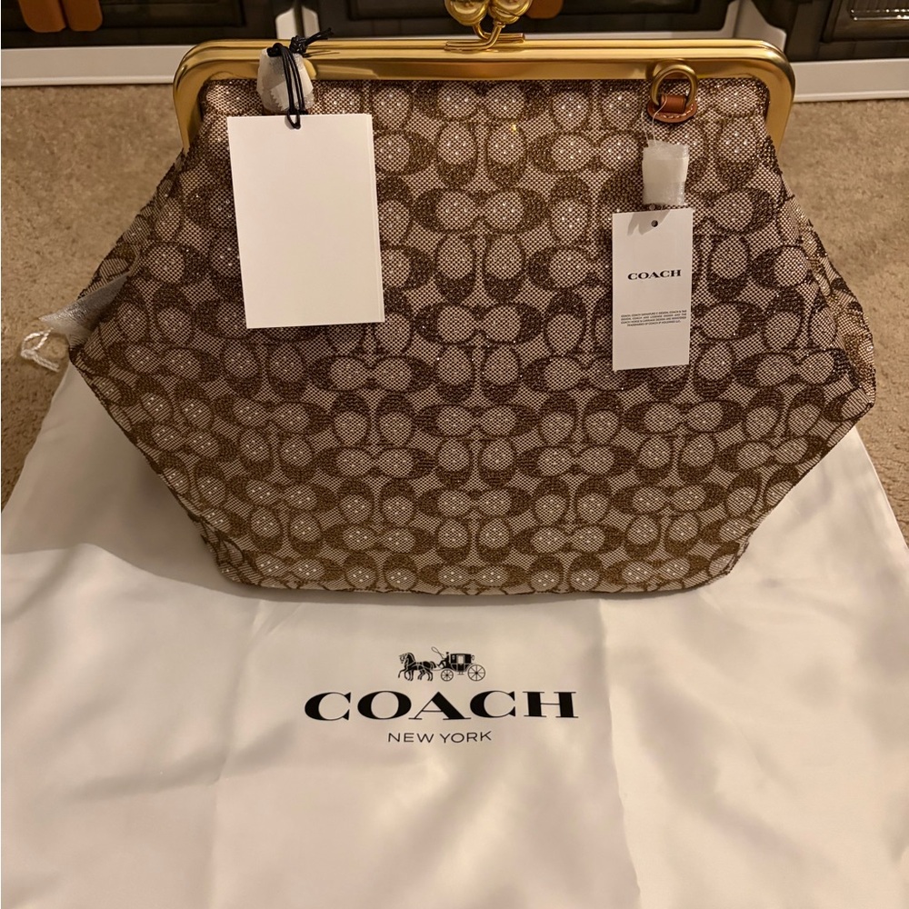Coach Signature Jacquard Frame Kisslock Clutch in Beige and Brown
